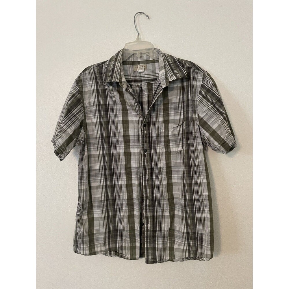 Sonoma Men’s SS Button Down Shirt Green Gray Plaid Cotton Poly Large